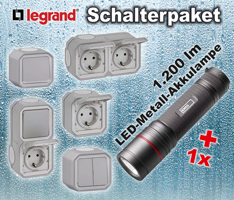 Legrand PLEXO Feuchtraum-Paket 1 / grau  + 1 x LED-Metall-Akku-Taschenlampe GRATIS!