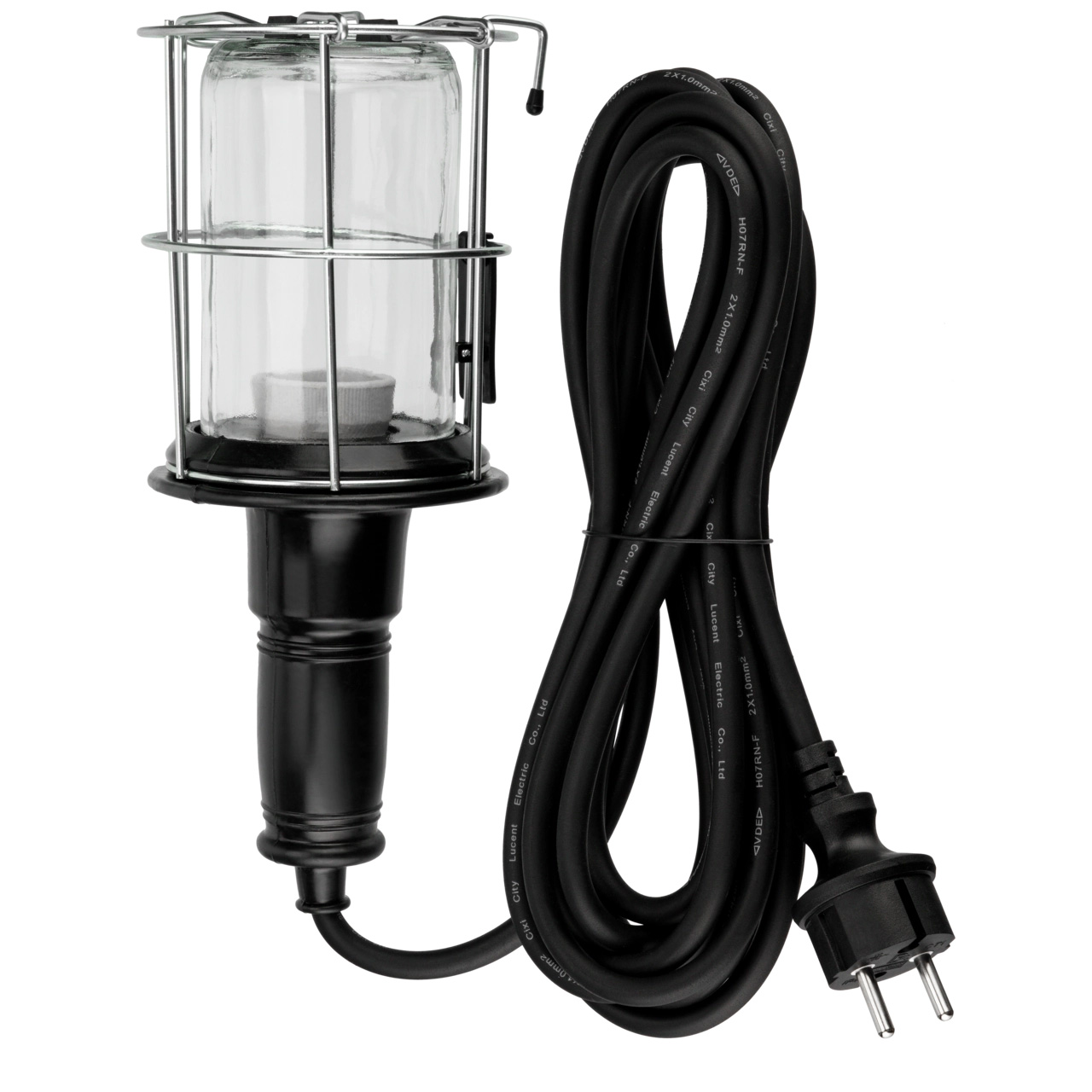 Gummi Handleuchte mit Aufhängehaken, Schutzglas & Metallschutzkorb mit Schutzring 60 W / E27 / 5 m Zuleitung mit Stecker