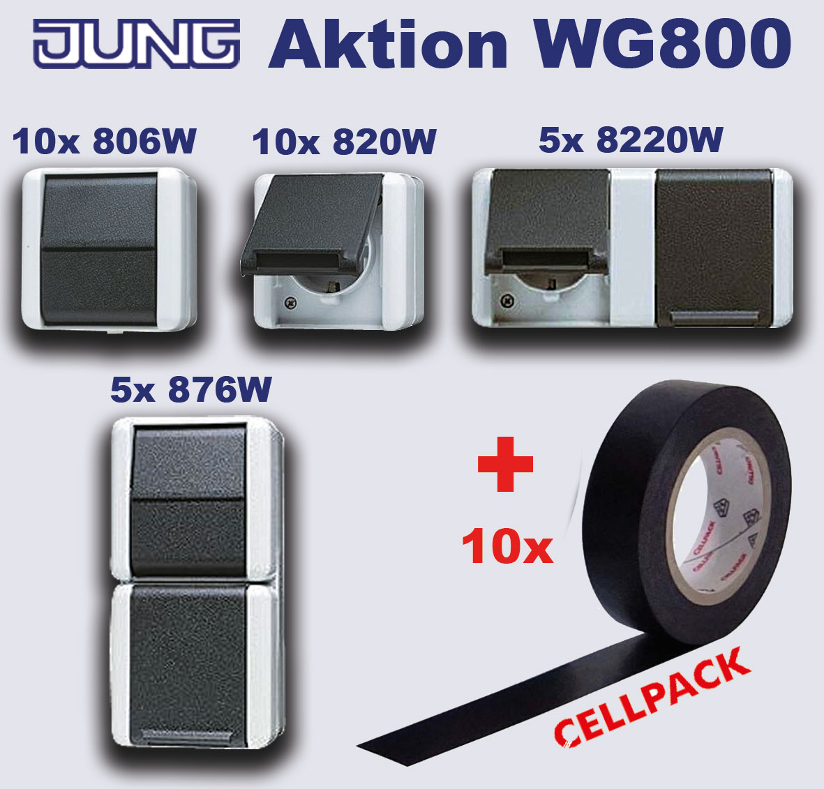 JUNG Feuchtraum Aktionspaket WG800 mit 10 x Cellpack Isolierband schwarz GRATIS dazu