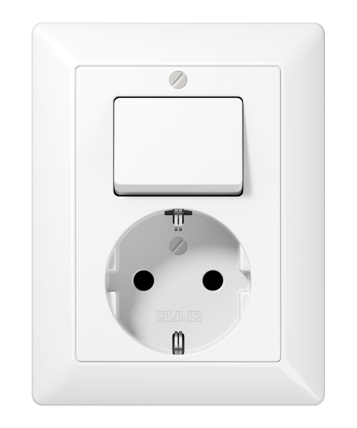 Schuko-Steckdose 16A 250V~ mit Schalter Universal Aus-Wechsel 10AX 250V~ / Schraubklemmen / Duroplast, Serie AS / alpinweiß