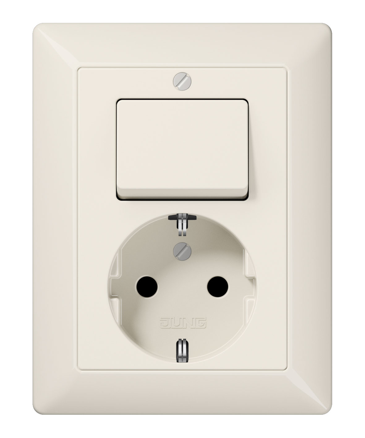 Schuko-Steckdose 16A 250V~ mit Schalter Universal Aus-Wechsel 10AX 250V~ / Schraubklemmen / Duroplast, Serie AS / elfenbeiweiß