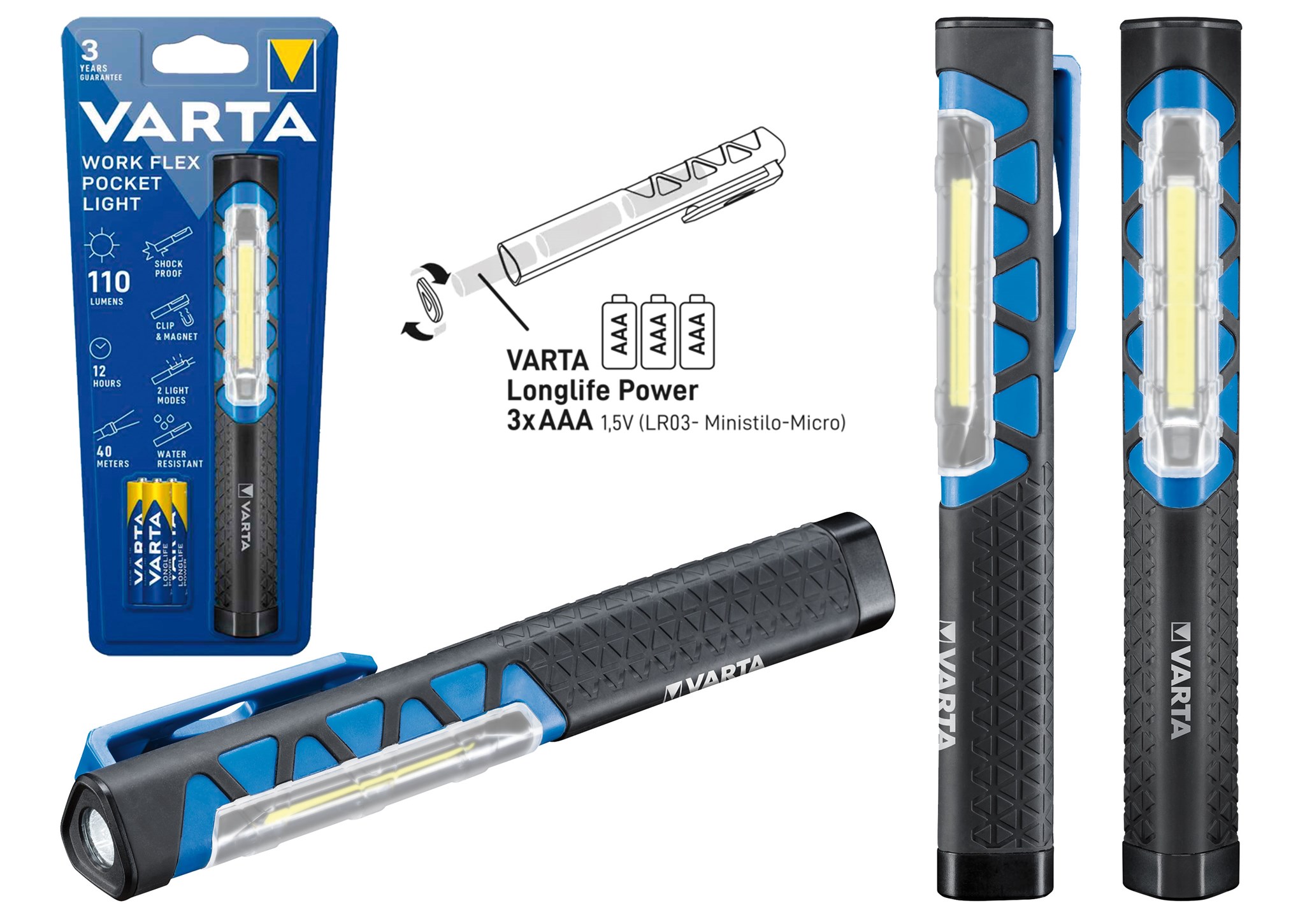 Varta LED Taschenlampe Work Flex Pocket Light inkl. 3AA Longlife Power / 2 Leuchtmodi - Flächen-/Spotlicht / Taschenclip und Magnet für freihändiges Arbeiten