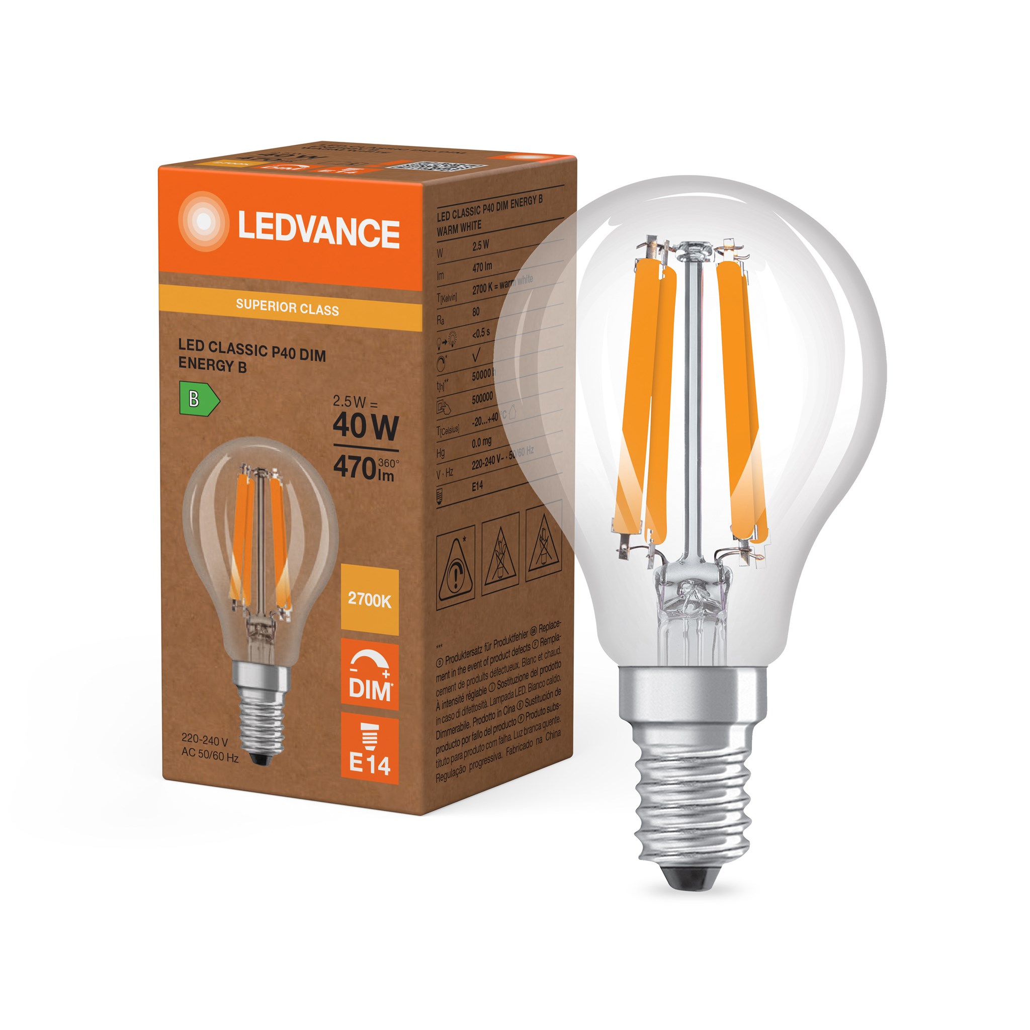 LED-Filament-Kugellampe P40 / 470lm / 2,5W / E14 / 220-240V / 300° / 2.700K / 827 ww klar / dimmbar