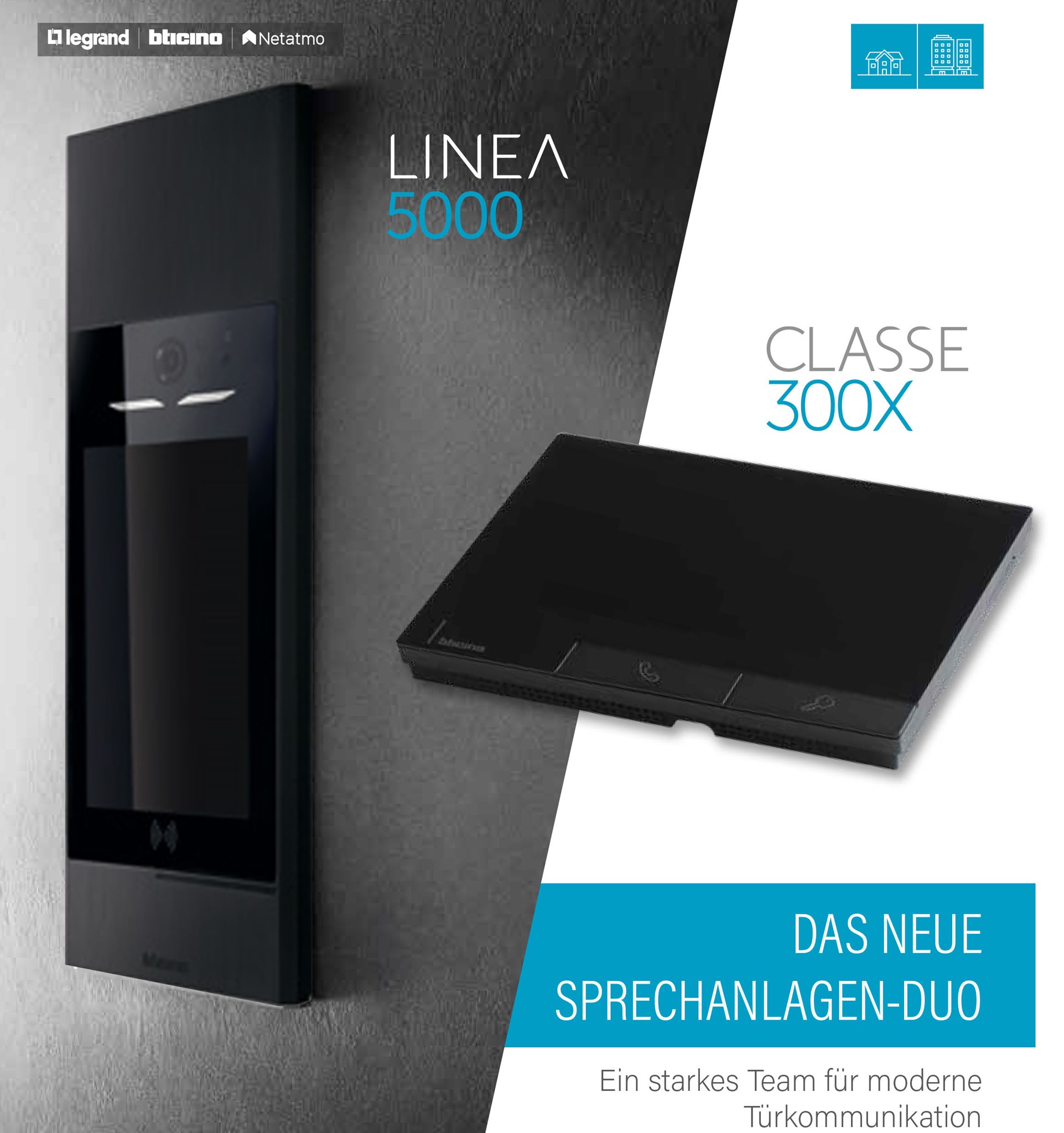 Bticino UP-Türstation LINEA 5000 Black with Netatmo und Video-Innenstelle CLASSE 300X Dark / Netzgerät