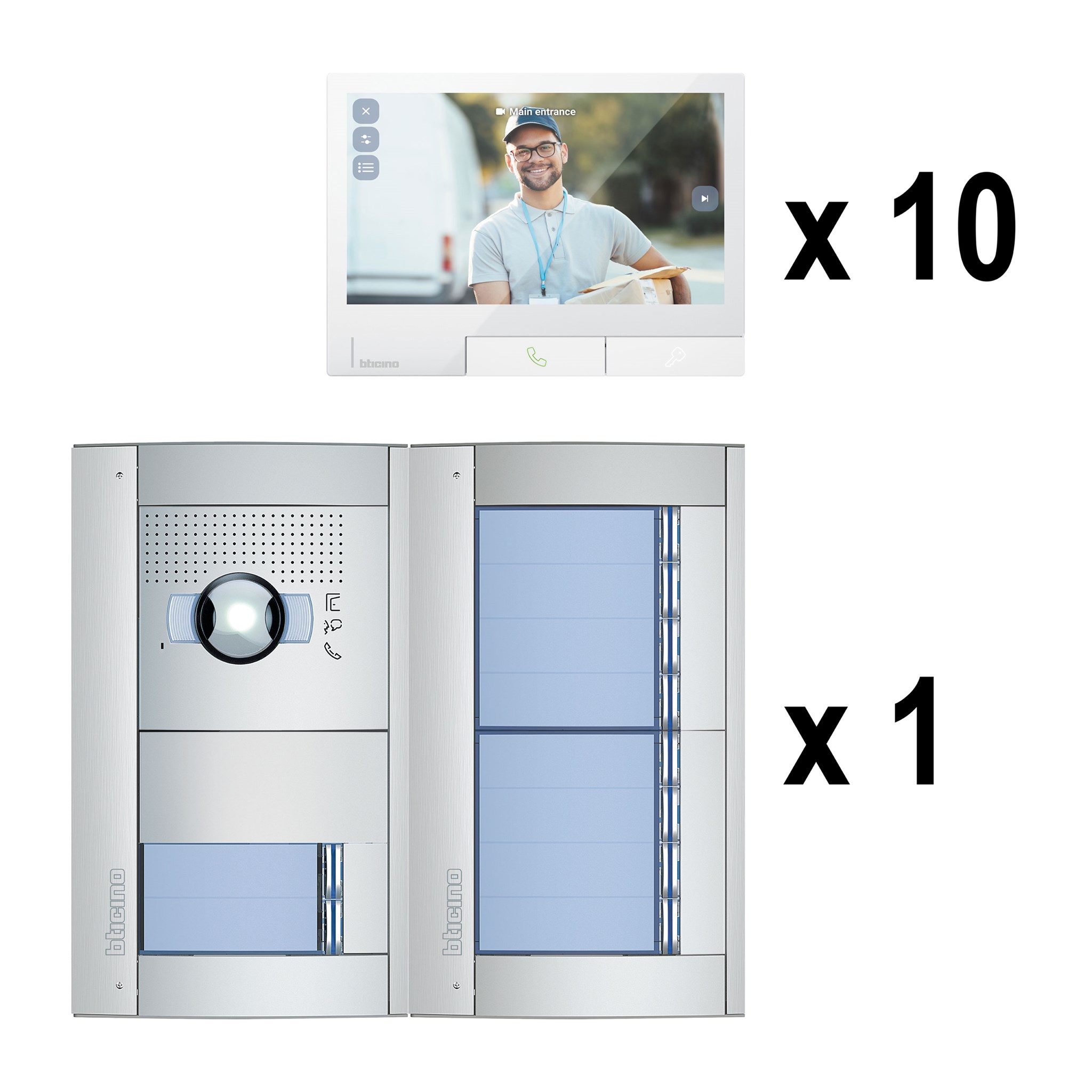 Bticino Flex'ONE Ready Video-Set SFERA Allmetal (10 Ruftasten) mit 10 hörerlosen Video-Innenstellen CLASSE 300X Light mit Smartphone-Anbindung