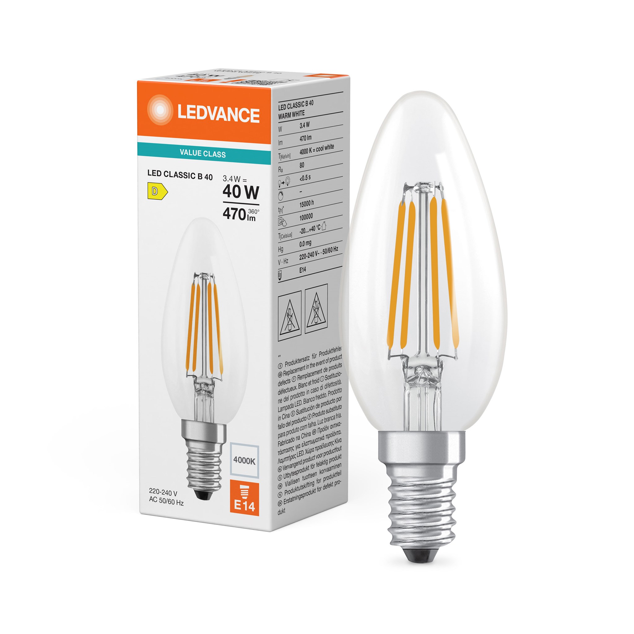LEDvance LED Filament Kerzenlampe Classic B40 / 470lm / 3,4W / E14 / 220-240V / 300° / 4.000 K / 840 nw klar