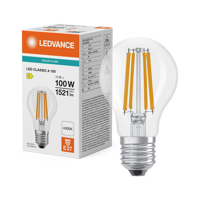 LED Filament Glühlampe Classic A100 / 1.521lm / 11W / E27 / 220-240V / 320° / 4.000K / 840 kw klar