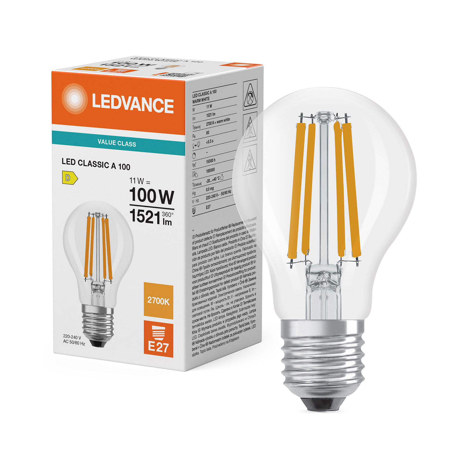 LED Filament Glühlampe Classic A100 / 1.521lm / 11W / E27 / 220-240V / 300° / 2.700K / 827 ww klar
