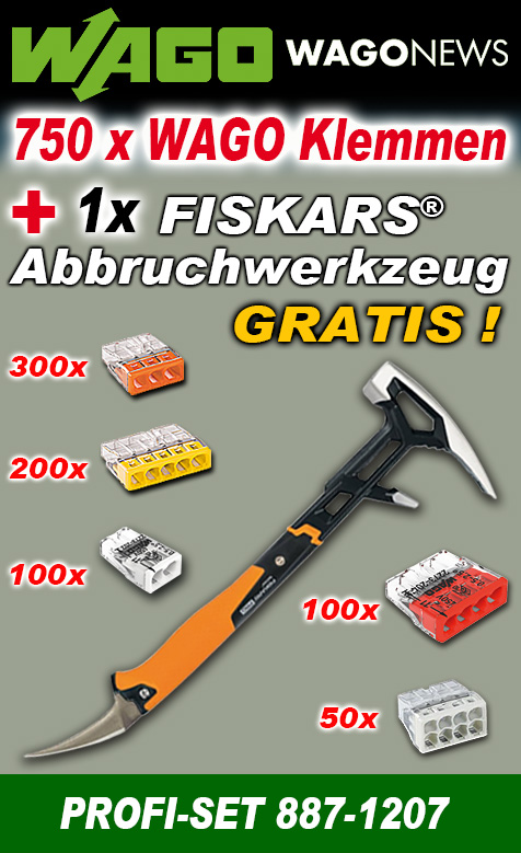 WAGO Aktionspaket mit 750 Klemmen und 1 x FISKARS® Abbruchwerkzeug GRATIS