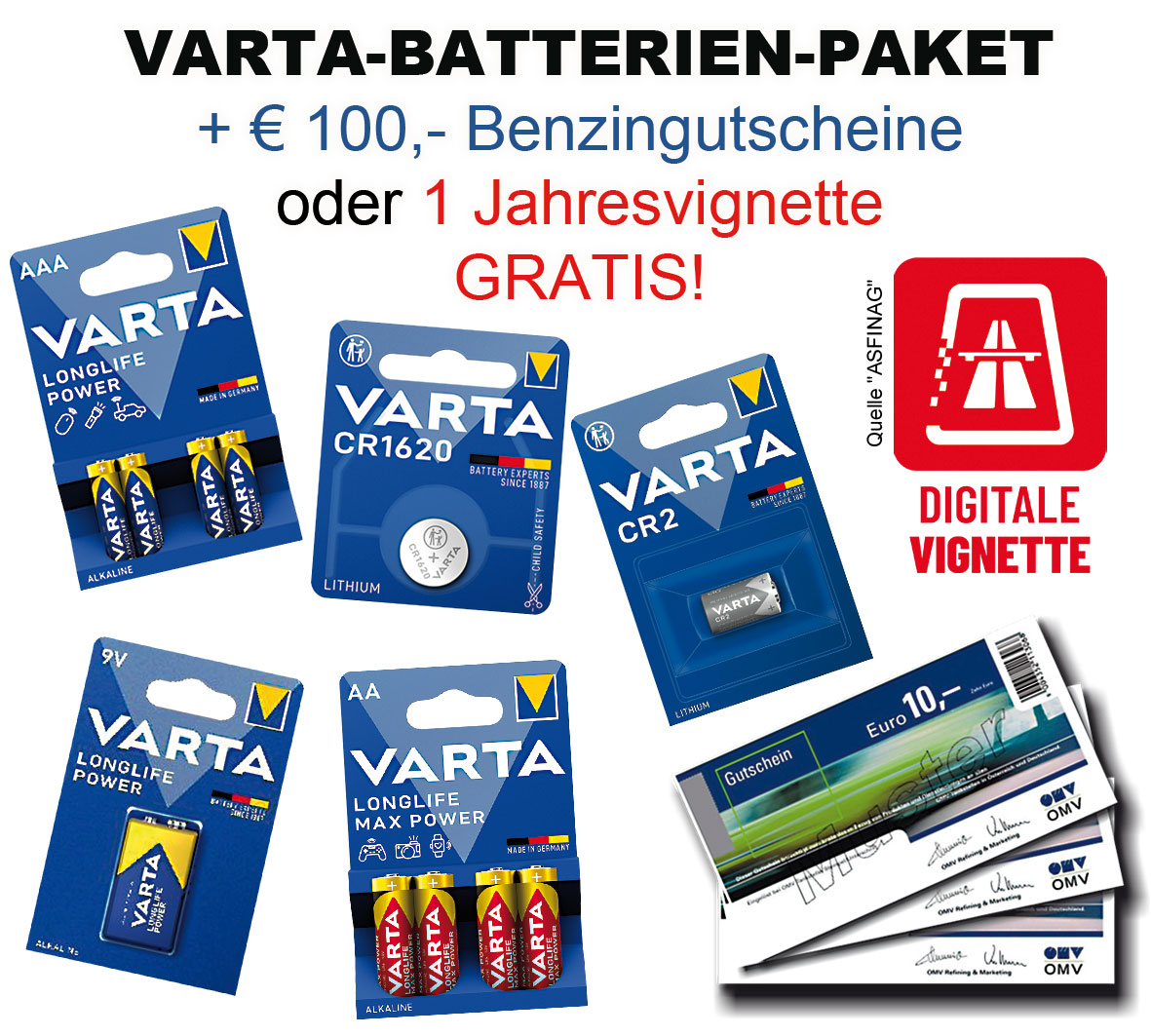 Aktionspaket: Varta Batterien + € 100,- Benzingutscheine oder 1 digitale Jahresvignette GRATIS!